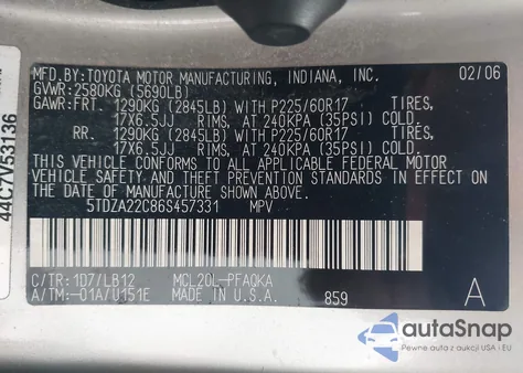 2006 Toyota Sienna Xle Limited из США, поврежденный, VIN 5TDZA22C86S457331